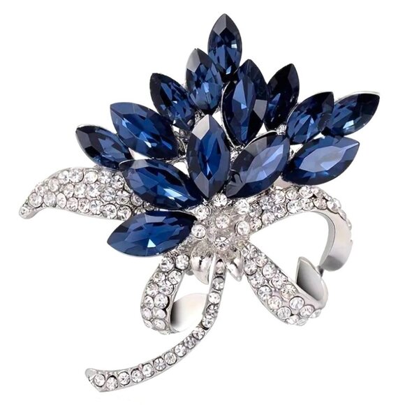 Flower Brooch Sapphire Blue Rhinestone Bouquet Bow Pin Sparkle Glam Elegant - Picture 2 of 4